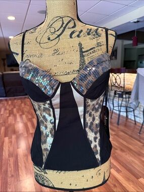 Kimikal size large sequins and leopard print corset style top